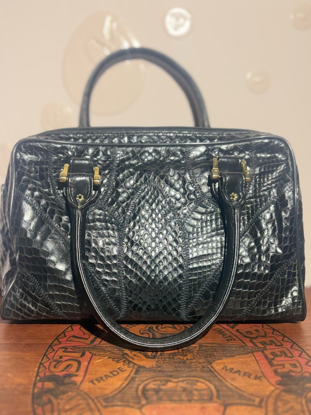 Vintage Varon Genuine Black Snakeskin Python Satchel Handbag - Glossy Finish
